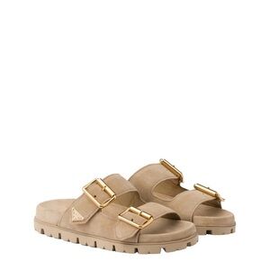 Prada Beige Suede Double-Buckle Slide Sandals with Gold Hardware